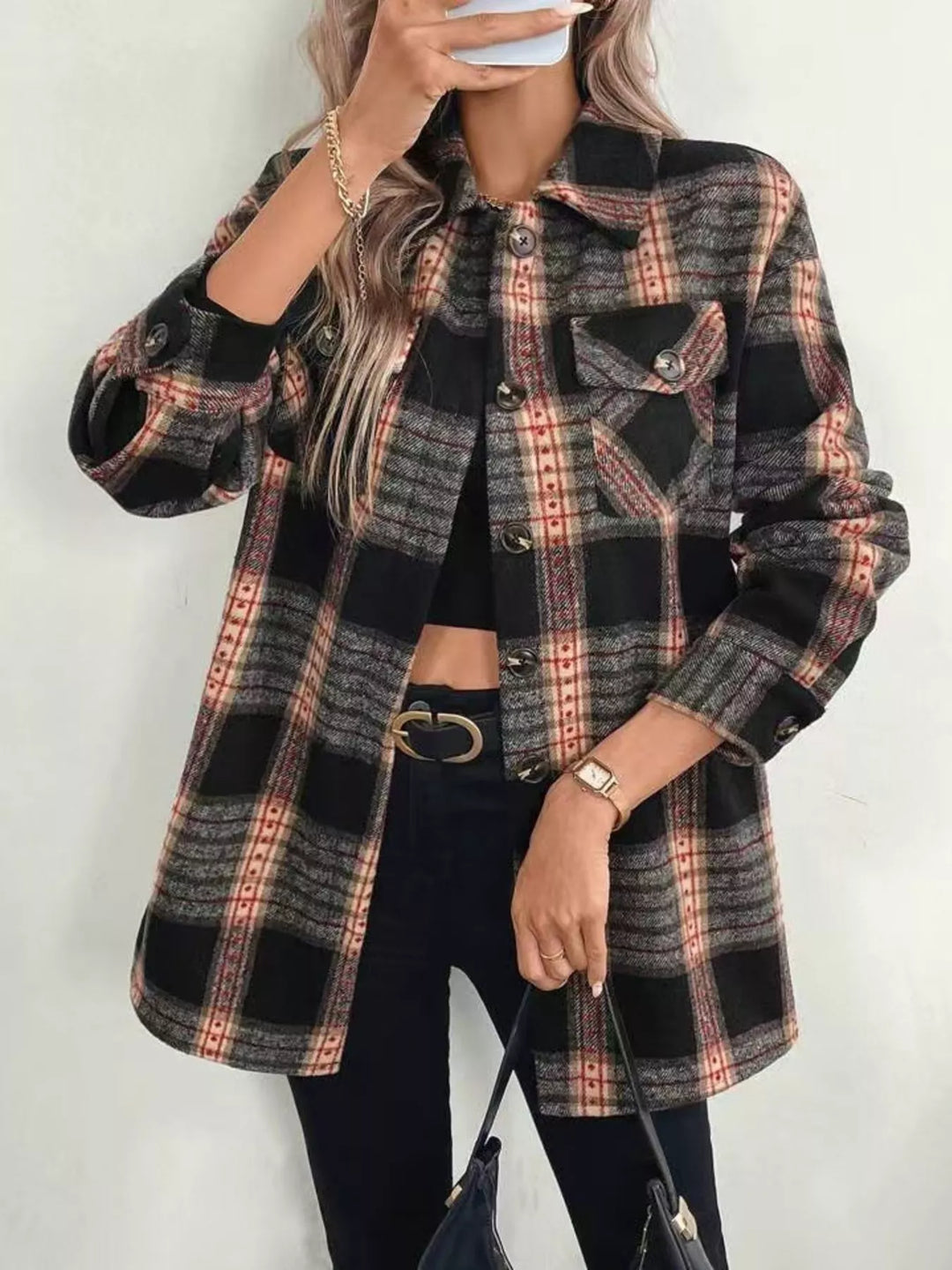 Black Plaid button-up shacket with flap chest pockets
