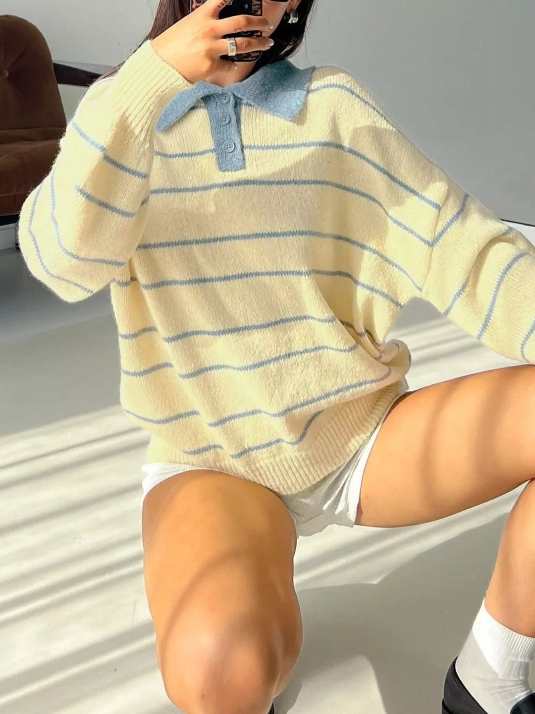Relaxed striped knit polo sweater with contrast collar