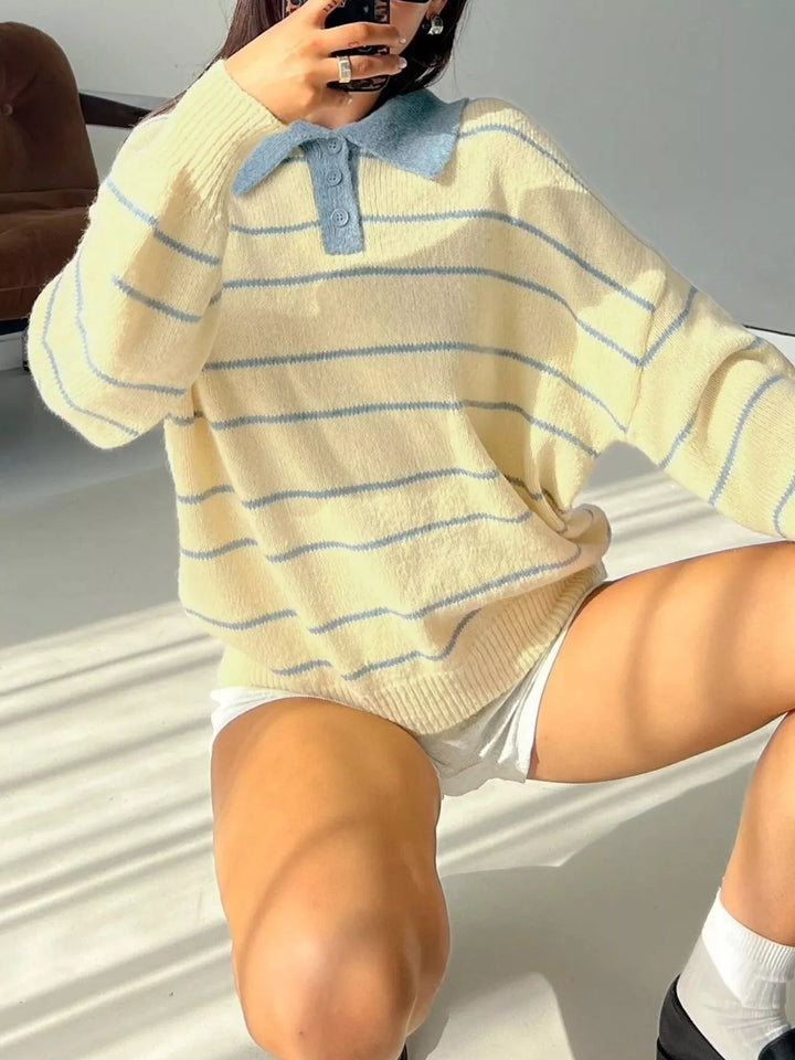 Relaxed striped knit polo sweater with contrast collar