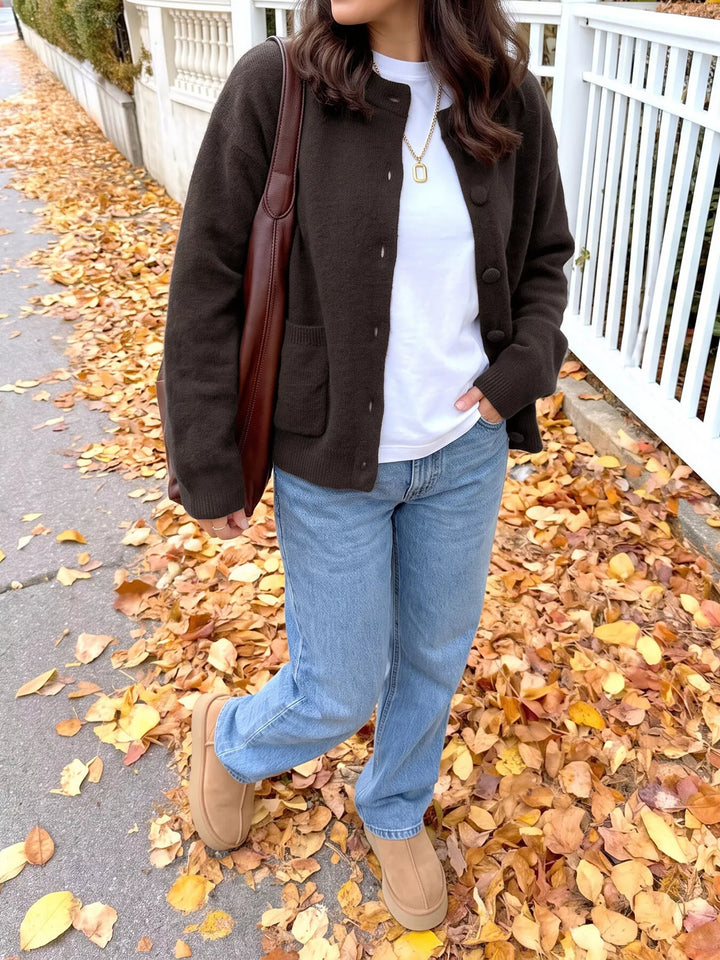 Crew neck button-up knit cardigan with patch pockets