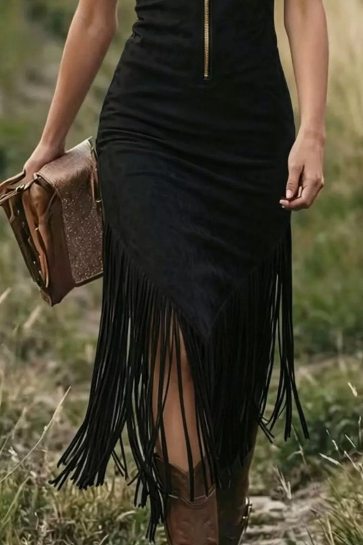 Faux suede fringe hem zip-front sleeveless midi dress