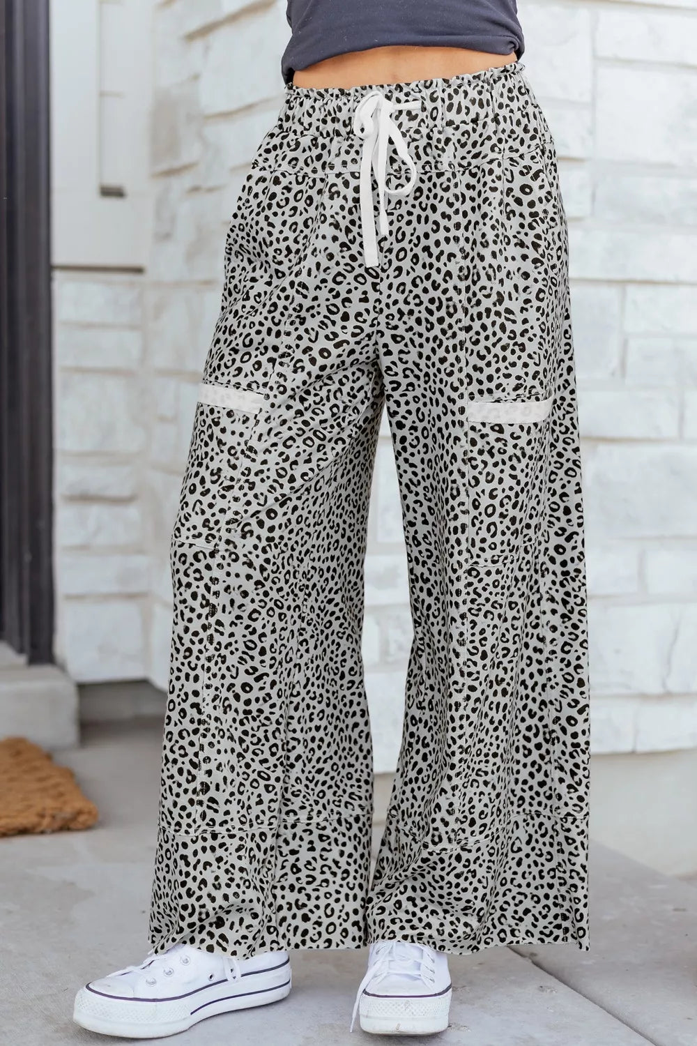 Leopard print wide-leg terry knit lounge pants