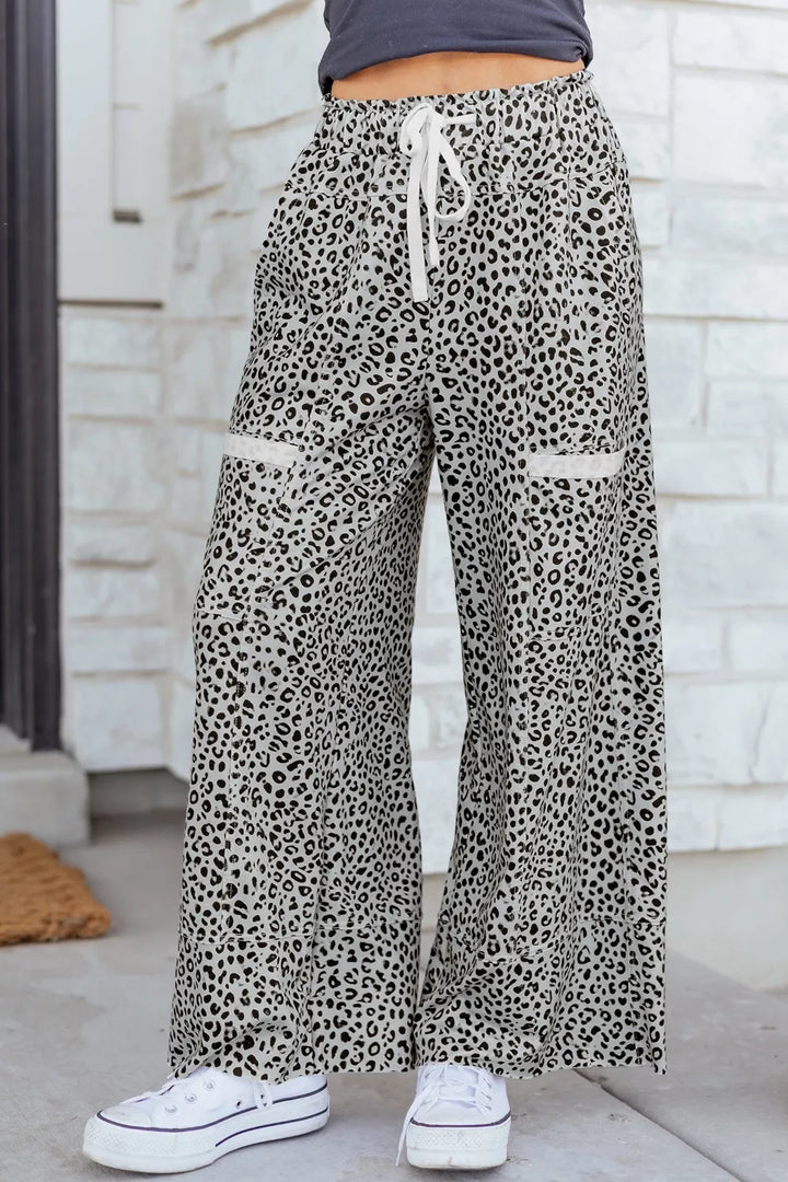 Leopard print wide-leg terry knit lounge pants