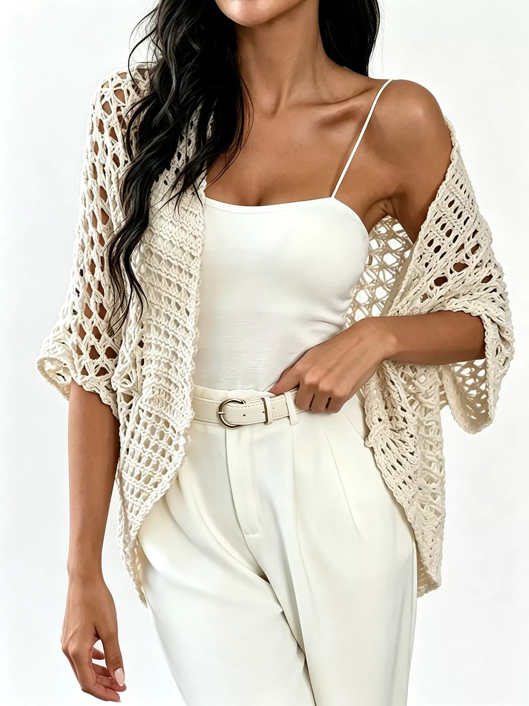 Cream Open front crochet cardigan with elbow-length dolman sleeves