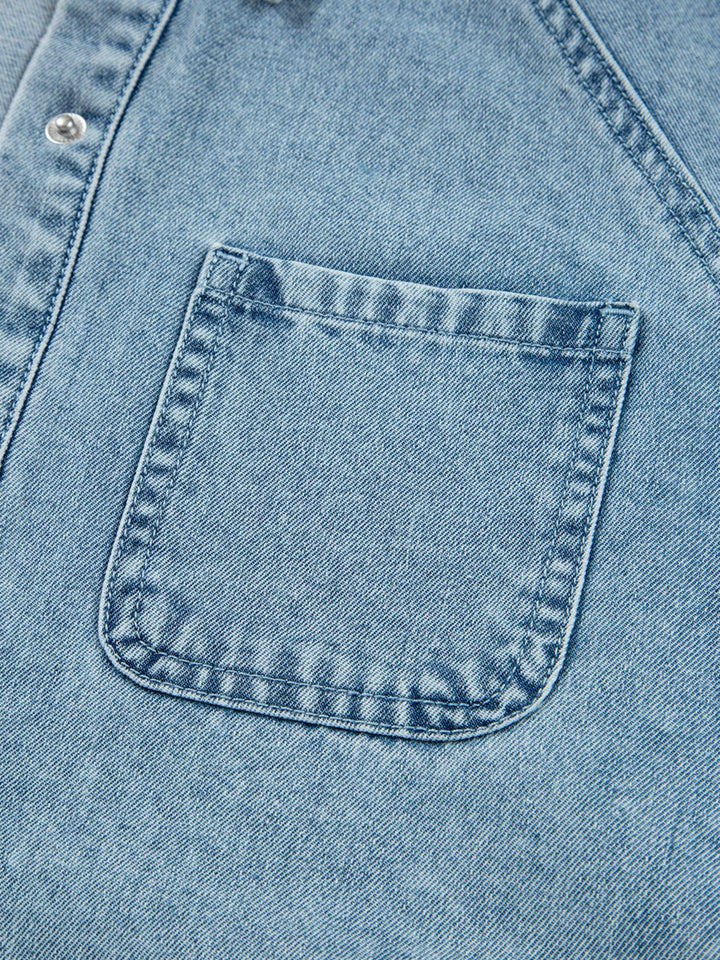 Smocked cuff flared denim mini shirt dress with patch pockets