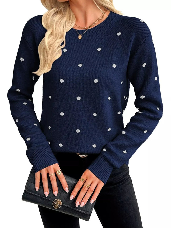 Navy Polka dot knit crew neck pullover sweater