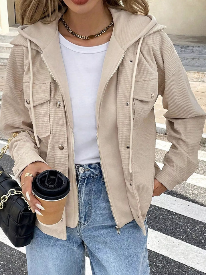 Waffle knit hooded jacket with snap flap pockets