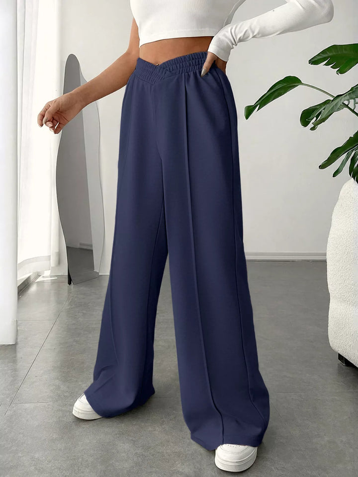 High waist wide leg pull-on pants with V-notch waistband