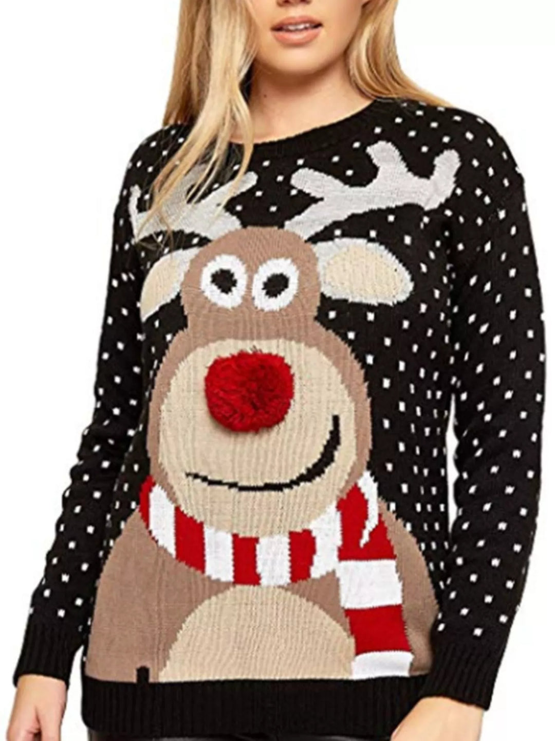 Reindeer graphic knit Christmas sweater with pom-pom nose