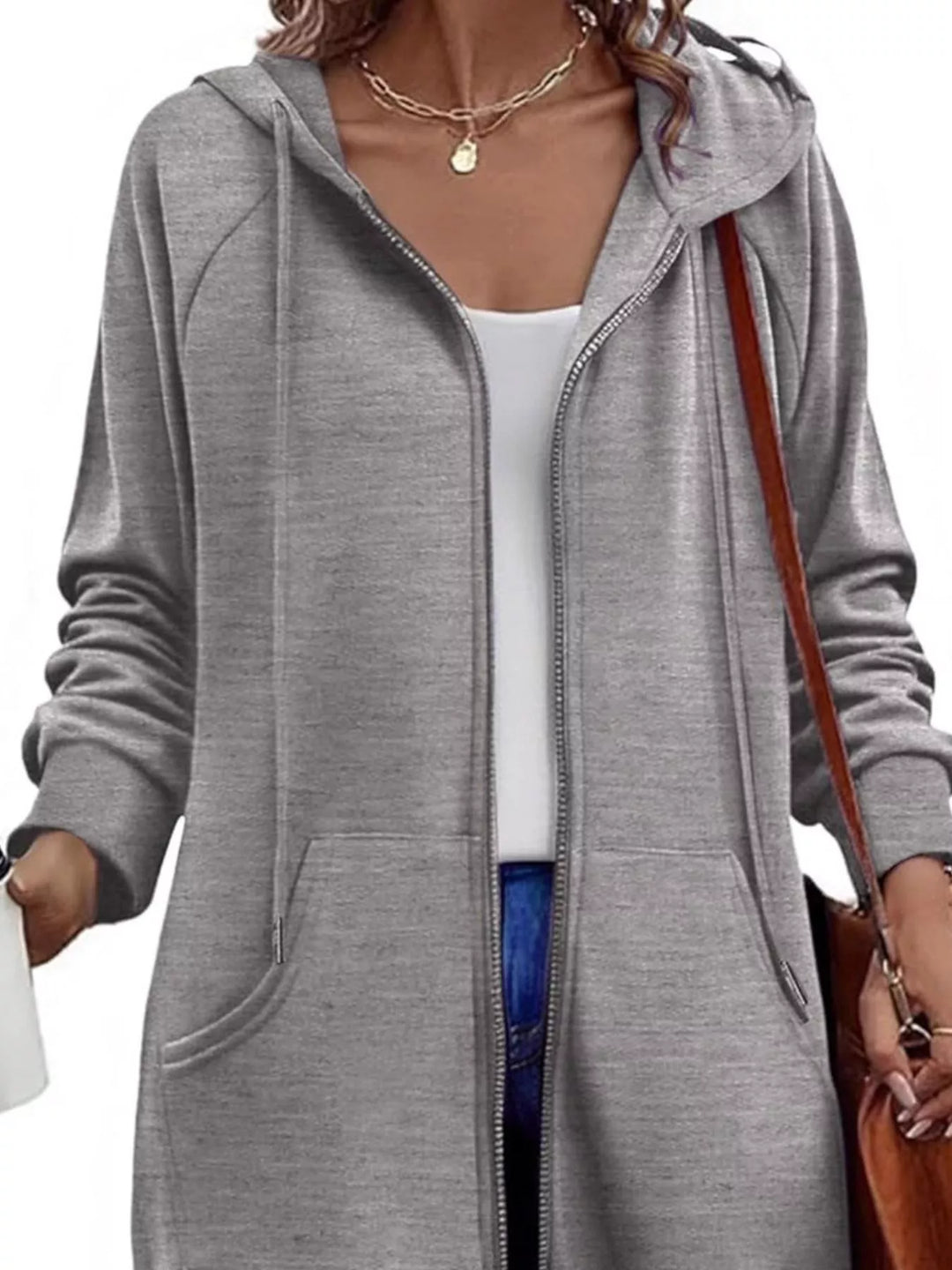Longline zip-up hoodie with drawstring hood and side pockets