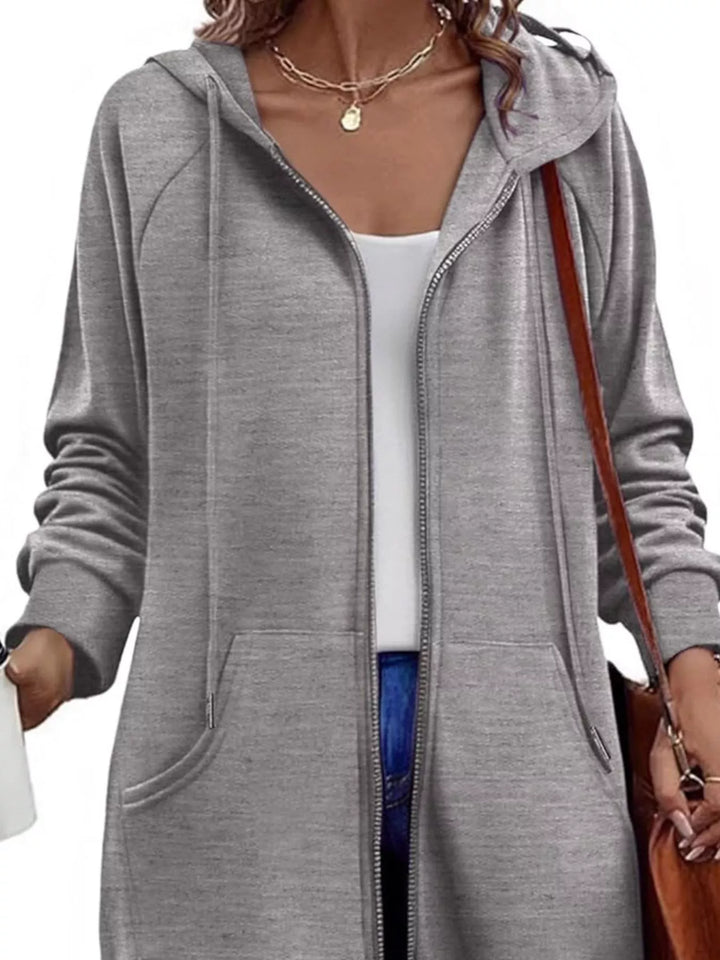 Longline zip-up hoodie with drawstring hood and side pockets