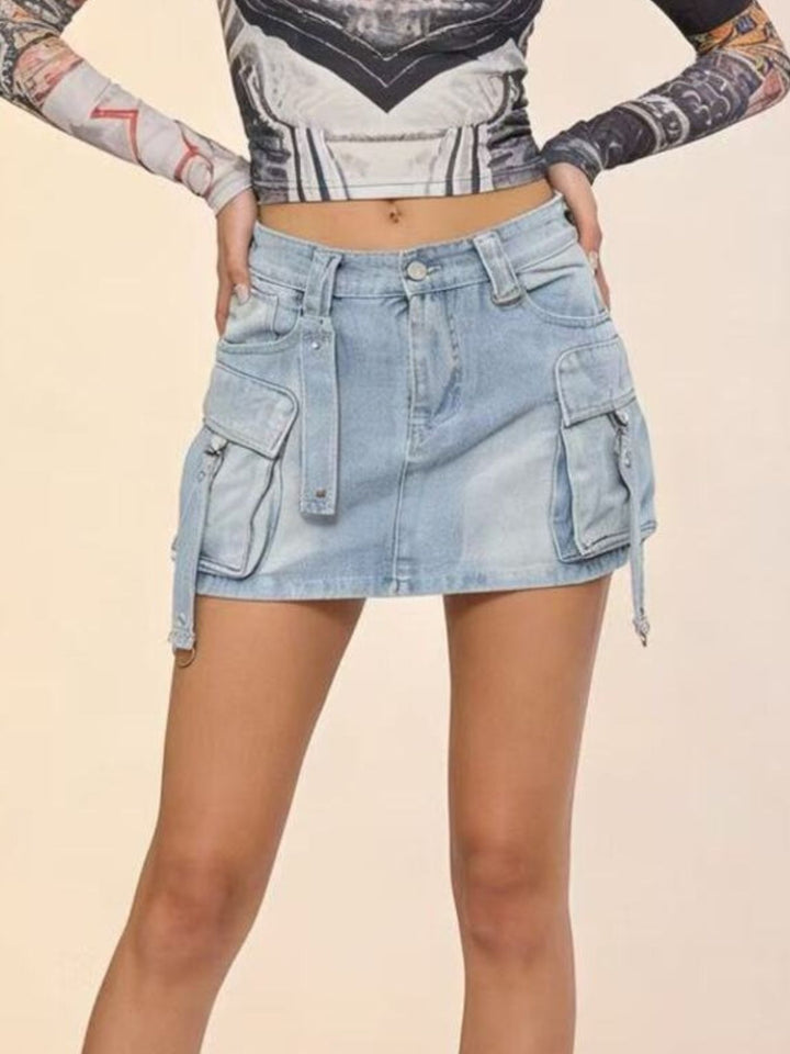 Sky Blue Washed cargo denim mini skirt with flap pocket straps