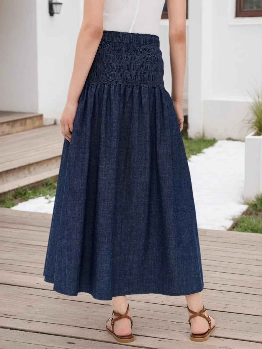 Flowy A-line midi skirt with smocked waistband