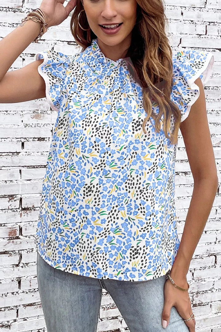Abstract print high-neck top with flutter ruffle sleeves