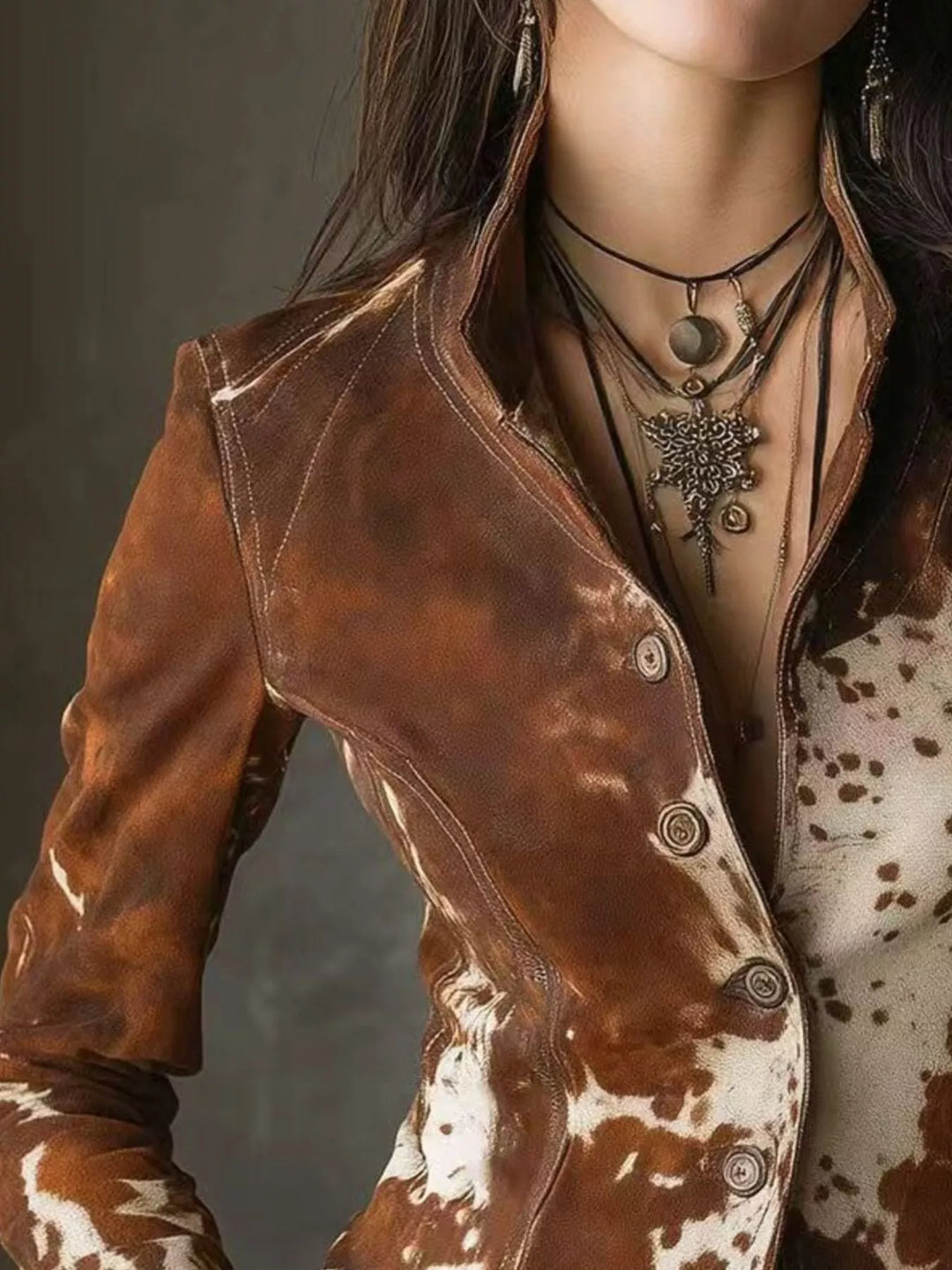 Fitted cow print button-up blazer with stand collar