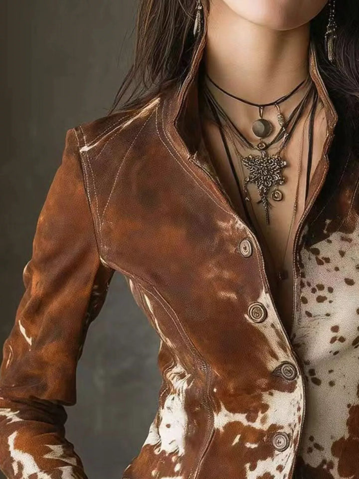 Fitted cow print button-up blazer with stand collar