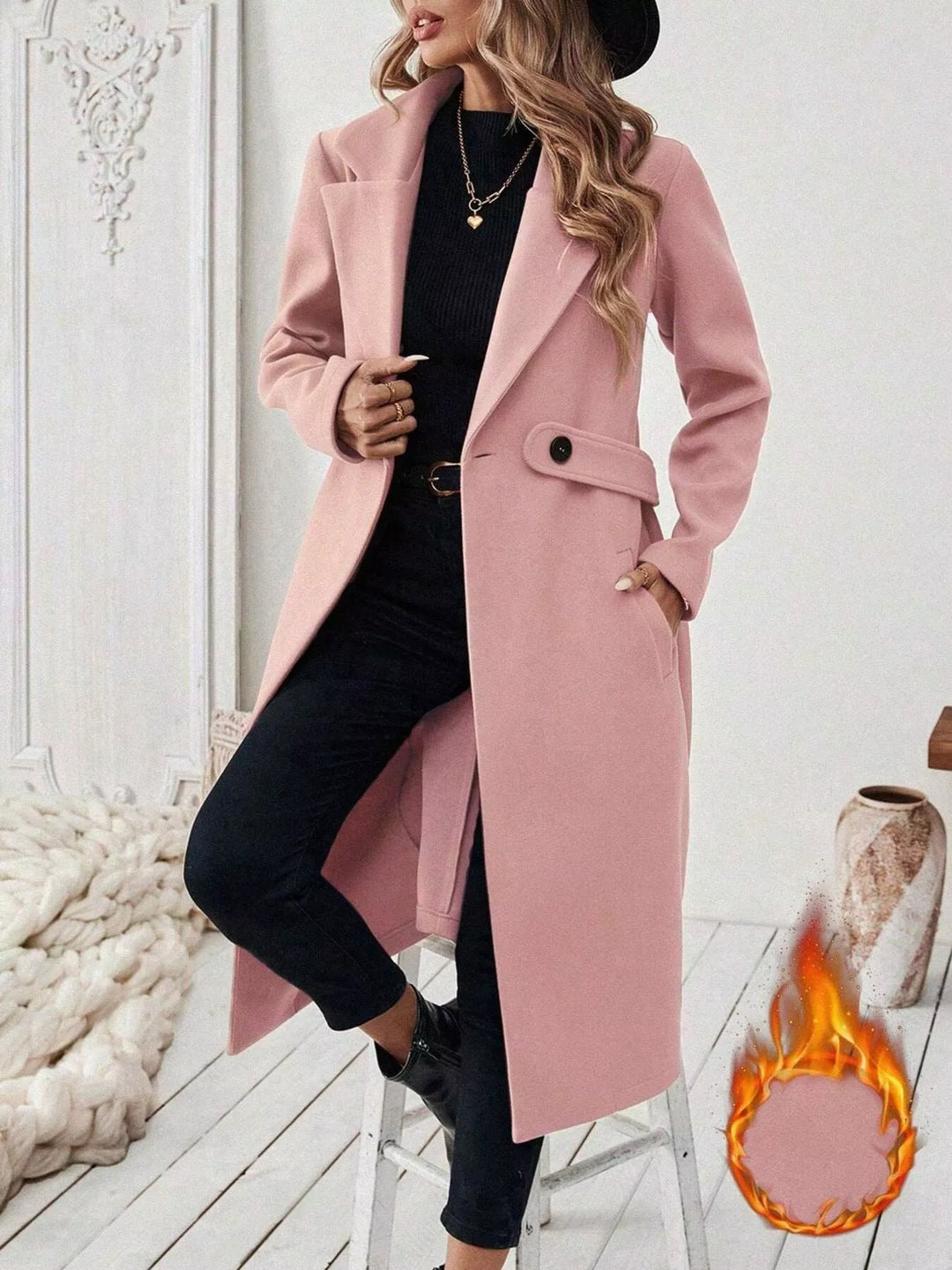 Pink Longline notch lapel coat with single-button waist tab
