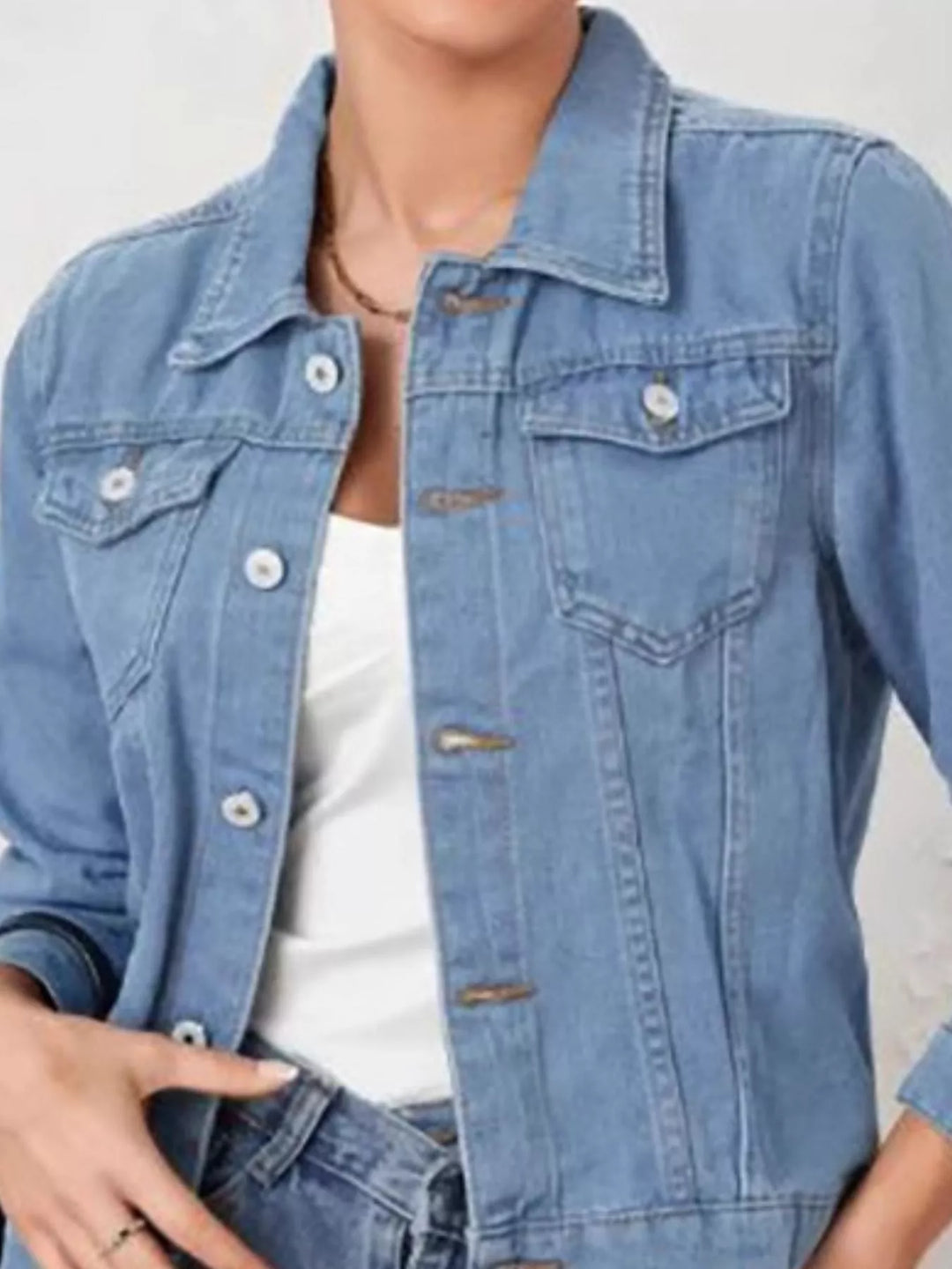 Cropped button-up denim trucker jacket with chest pockets