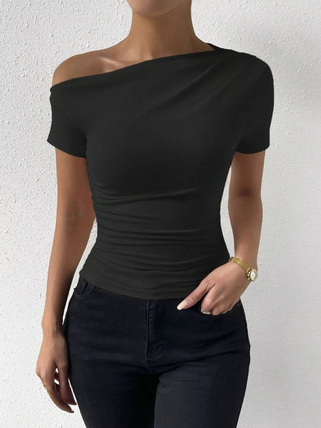 Ruched asymmetric single-shoulder short sleeve top