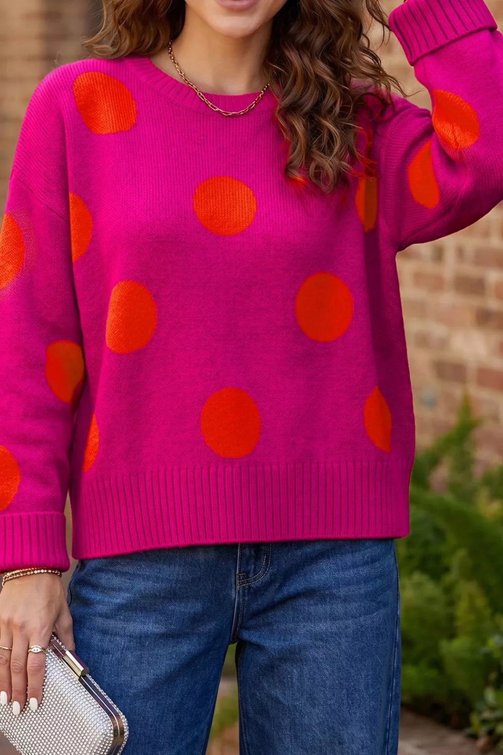 Polka dot drop shoulder crew neck sweater