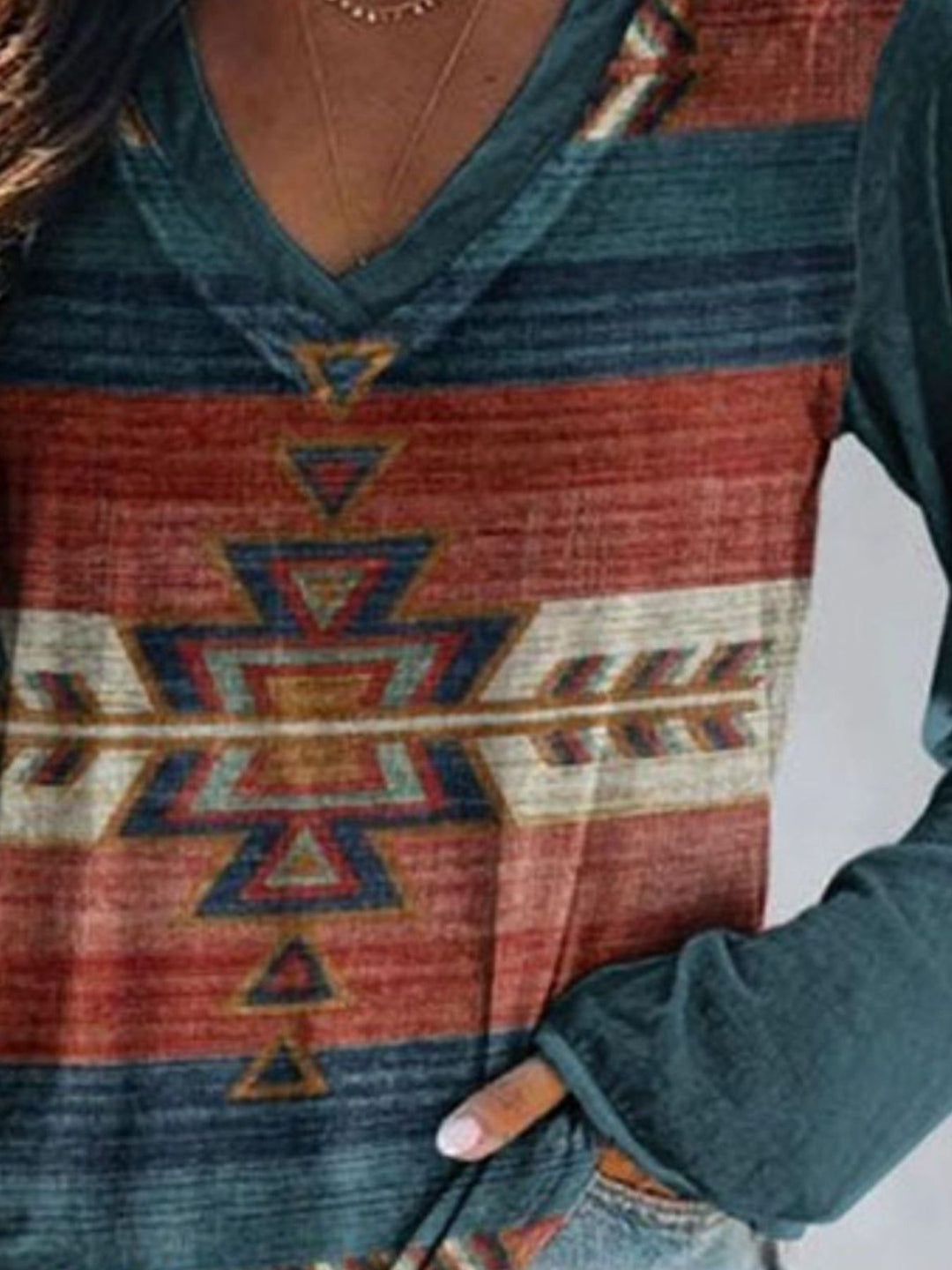 Aztec geometric print v-neck long sleeve top