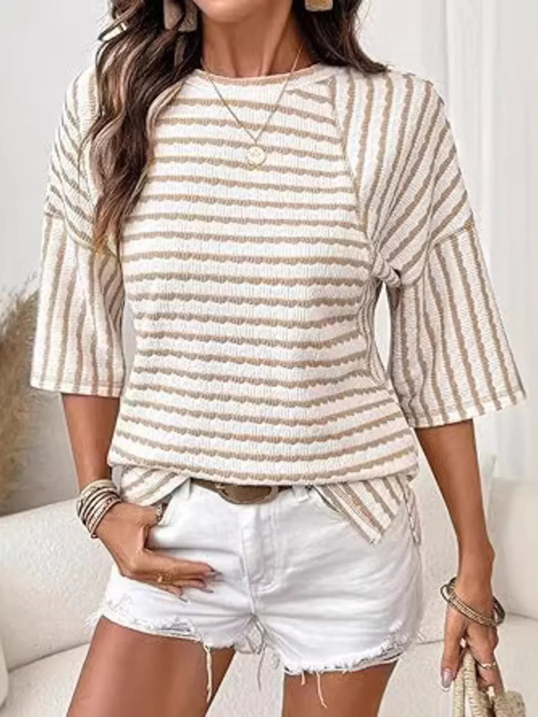 Striped ribbed knit short sleeve crew neck top