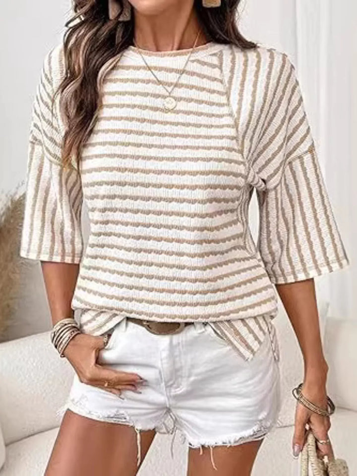 Striped ribbed knit short sleeve crew neck top