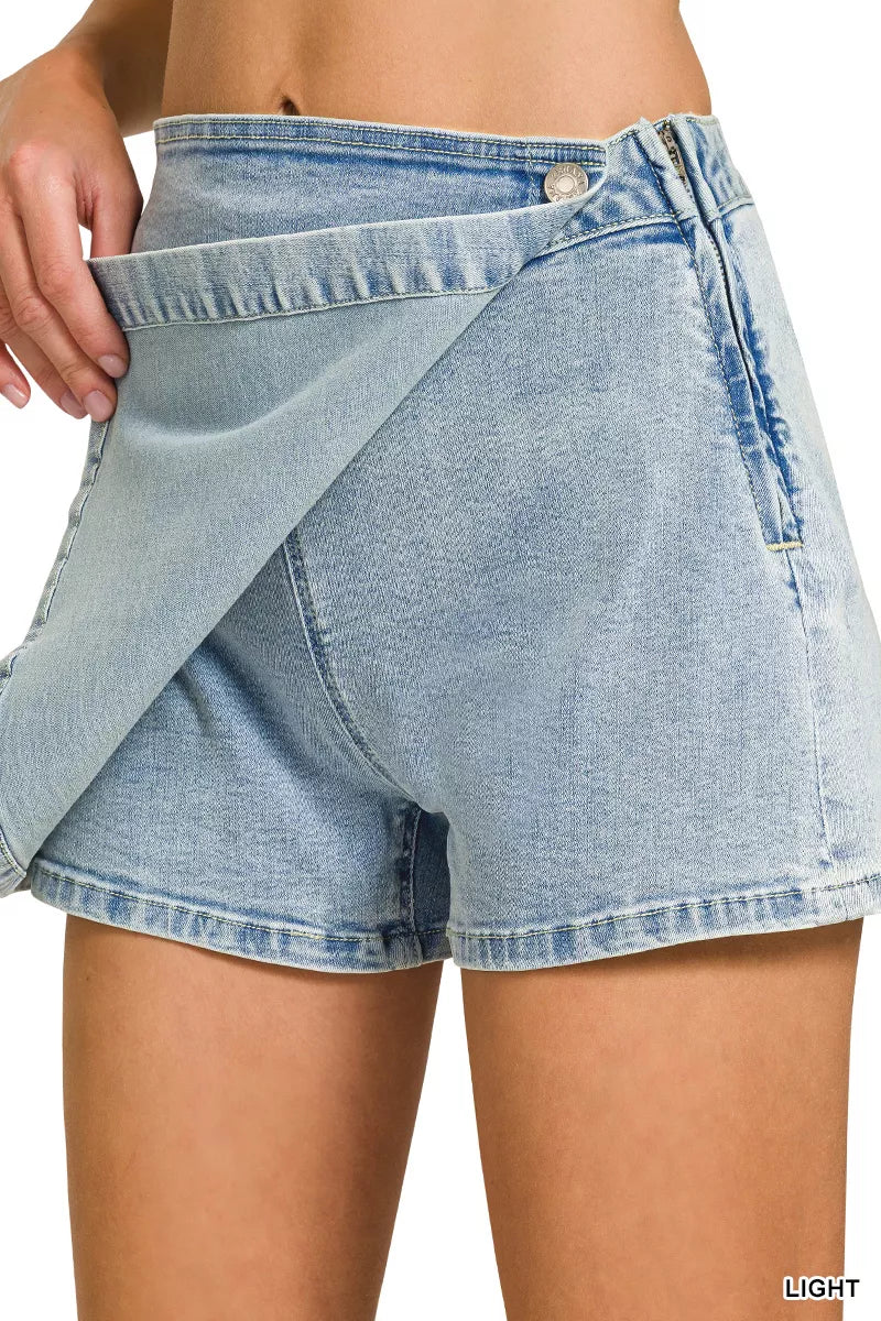 Wrap front denim mini skort with button closure