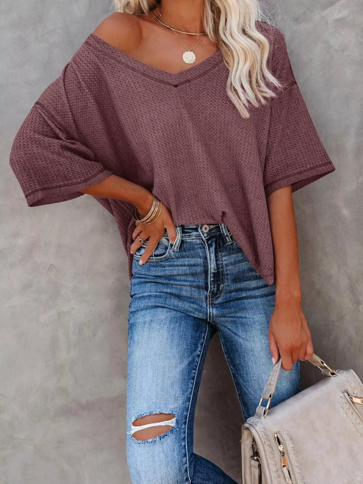 Waffle knit v-neck drop shoulder short sleeve tee