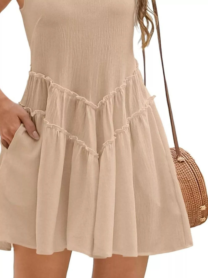 Tiered ruffle sleeveless mini dress with pockets