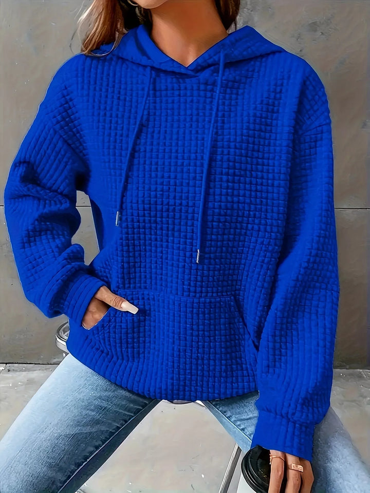 Blue Textured waffle knit drawstring hoodie with kangaroo pocket