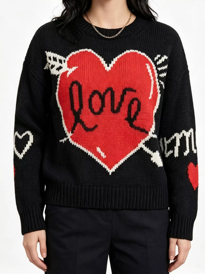 Black Heart and arrow graphic knit sweater with ribbed trim