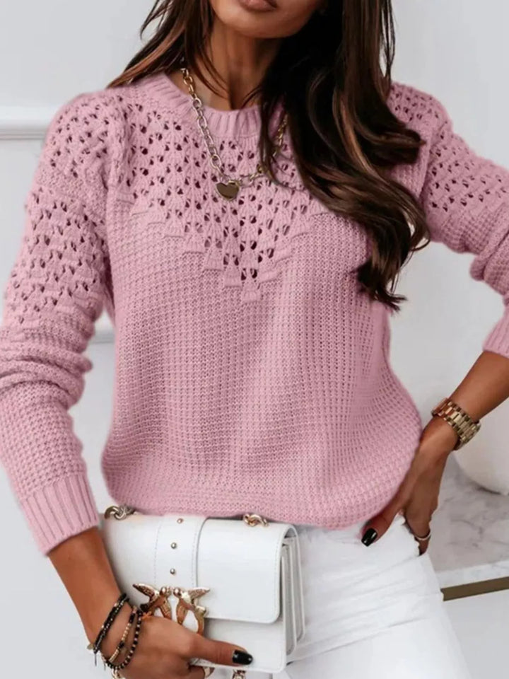 Textured openwork knit round neck sweater
