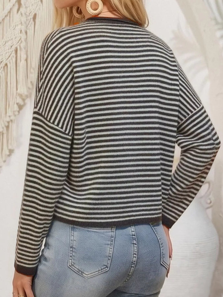 Striped button-front knit cardigan with drop shoulders