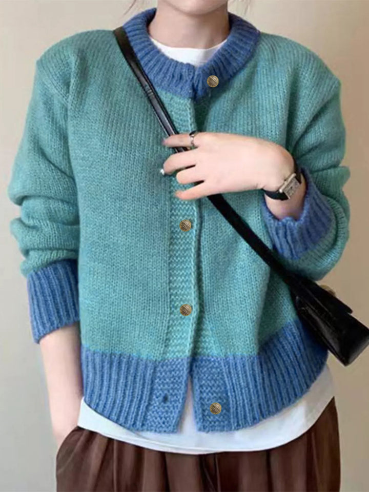 Blue Color-block ribbed knit cardigan with gold buttons