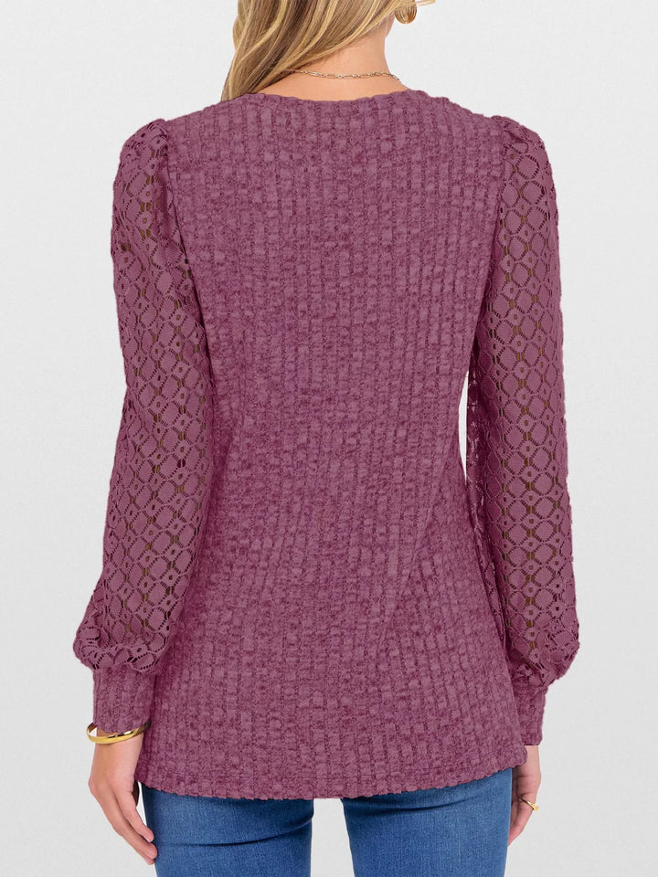Sheer lace sleeve ribbed knit V-neck top