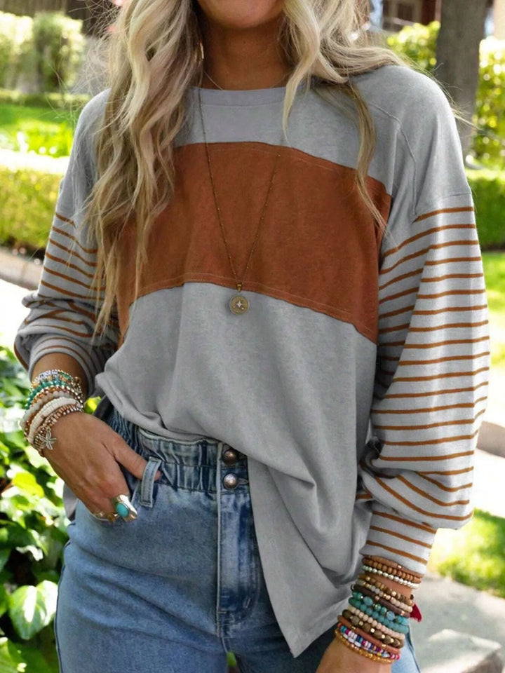 Gray Color block striped long sleeve crew neck top