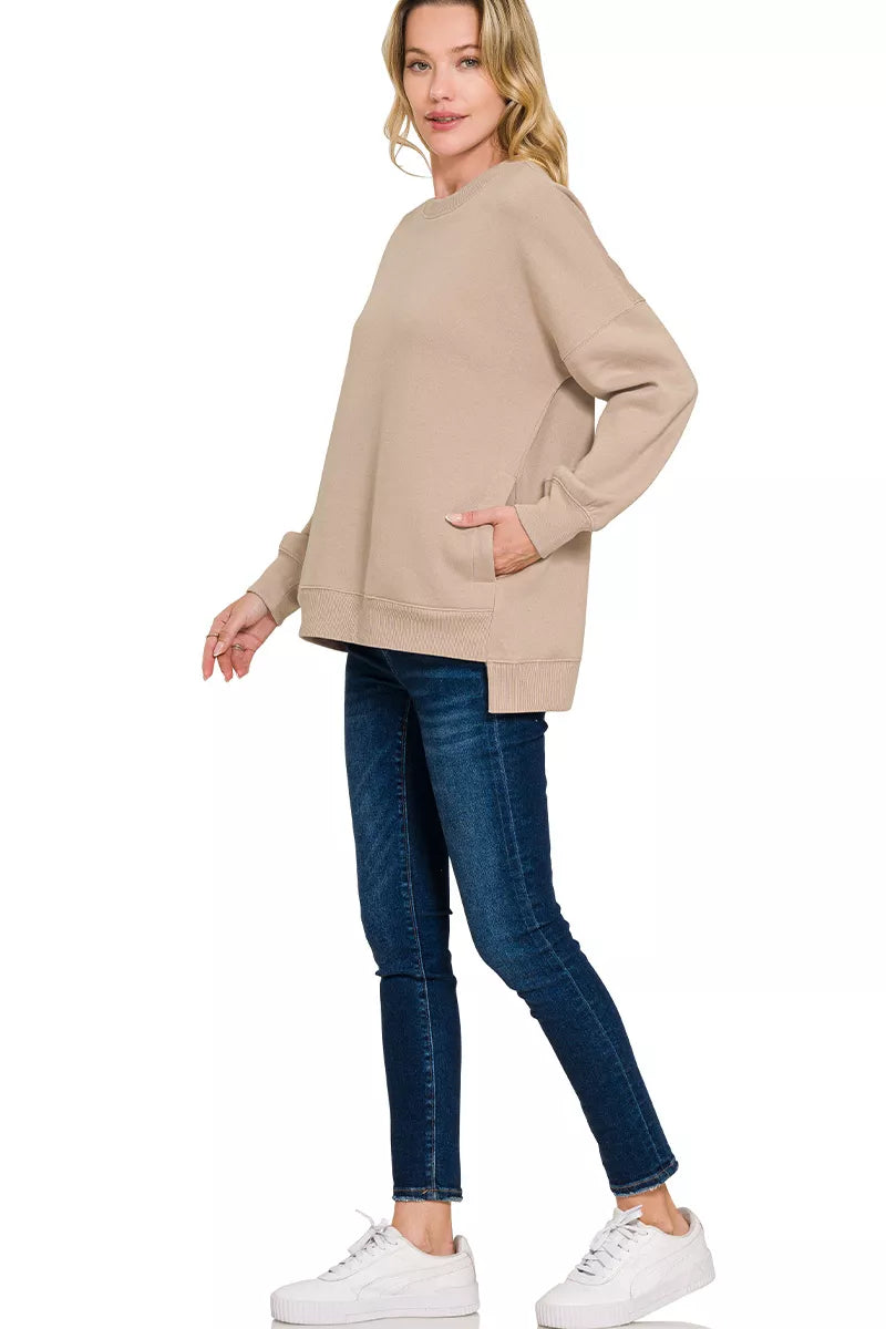 Hi-low fleece boyfriend sweatshirt with side pockets