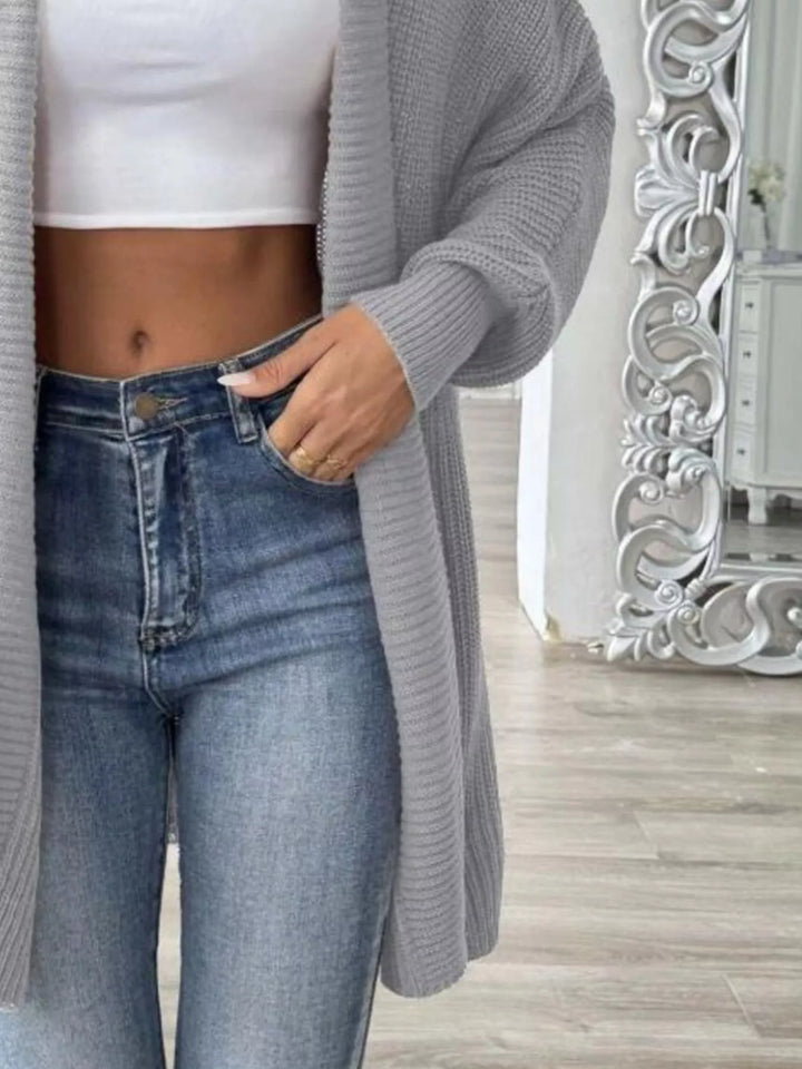 Ribbed knit open front longline cardigan with drop shoulder