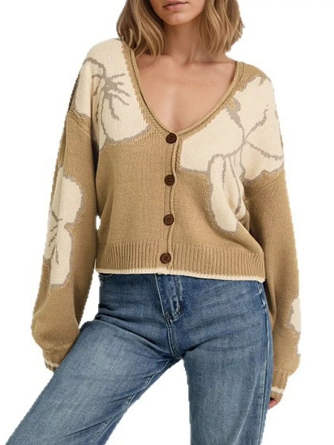 Floral intarsia knit cardigan with deep V-neck and buttons