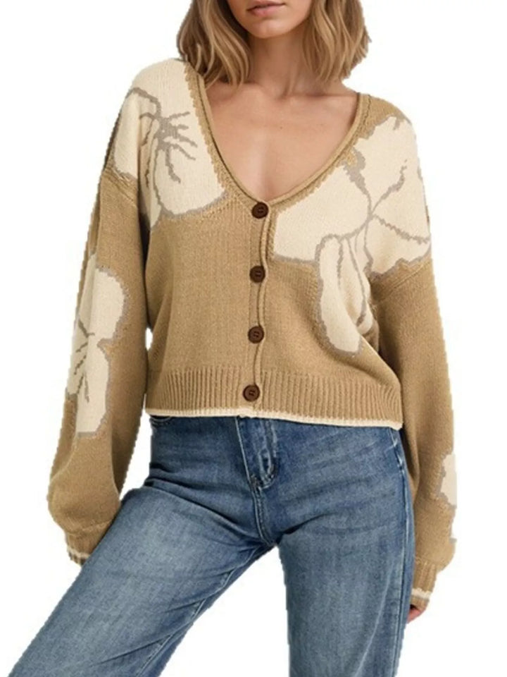 Floral intarsia knit cardigan with deep V-neck and buttons