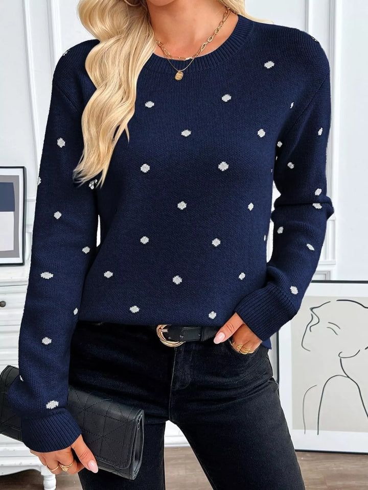Polka dot knit crew neck pullover sweater