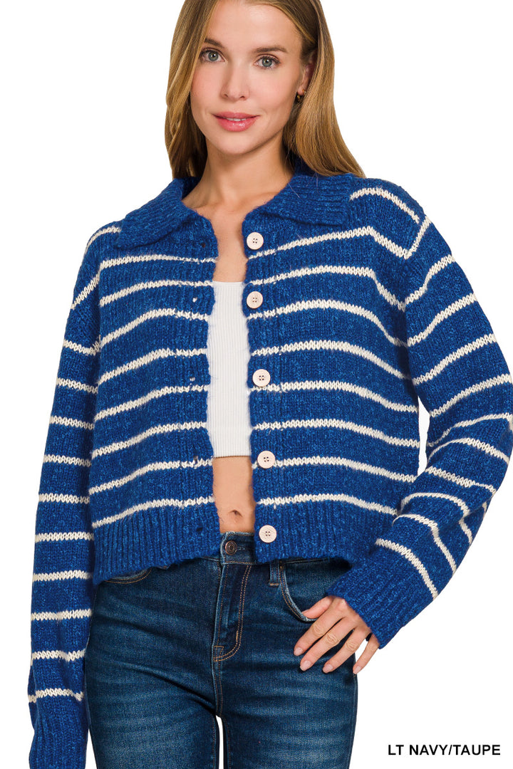 Cropped striped collared button-down cardigan