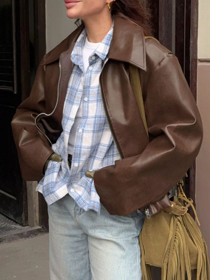 Oversized faux leather zip-up bomber jacket