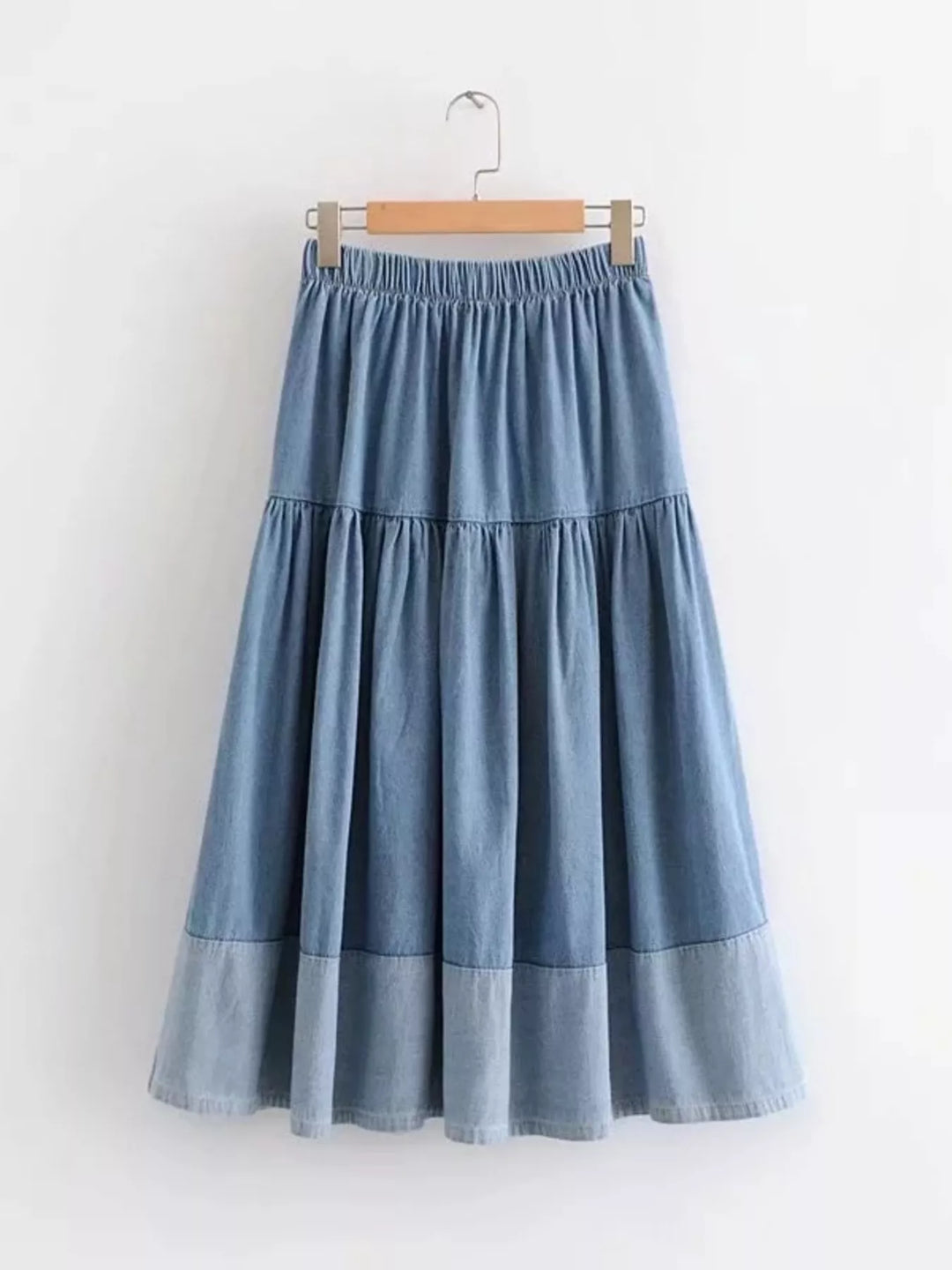 Medium Tiered chambray denim midi skirt with elastic waist