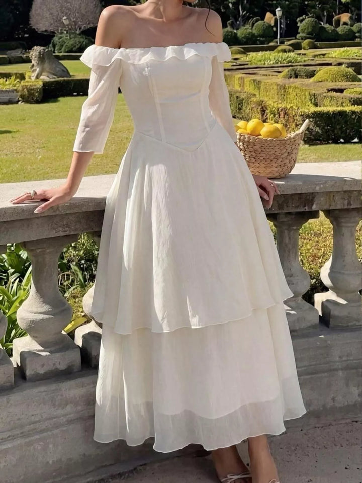 Off-shoulder tiered ruffle midi dress with three-quarter sleeves