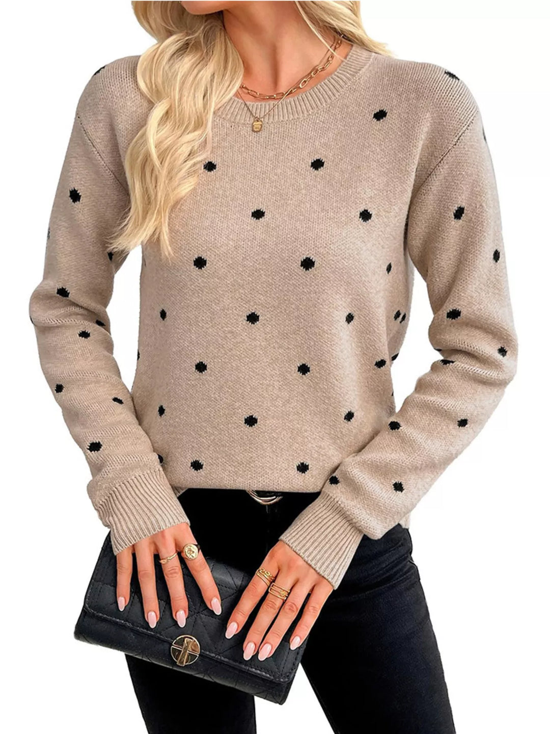 Polka dot knit crew neck pullover sweater