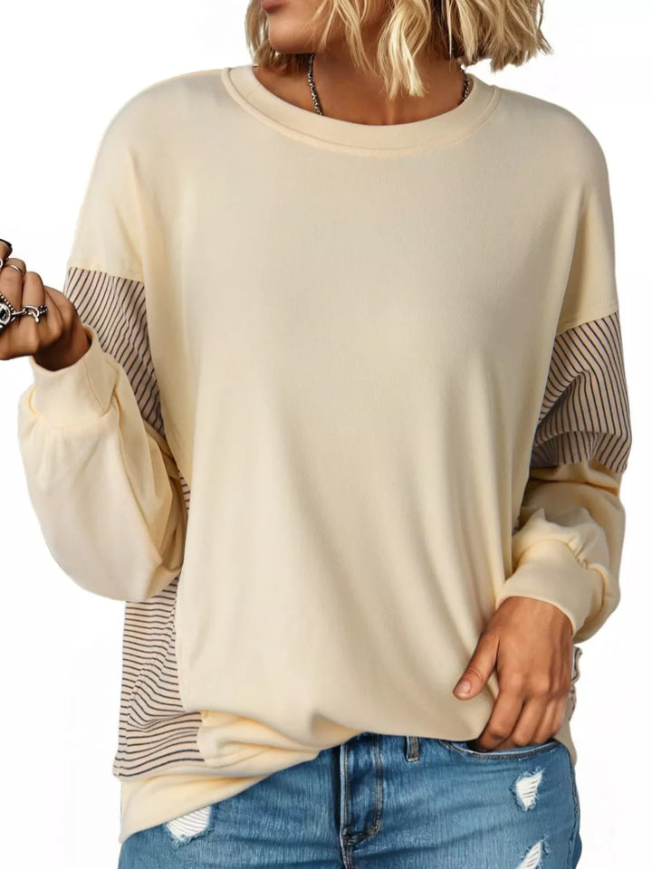 Ivory Color-block striped drop-shoulder crew neck sweatshirt