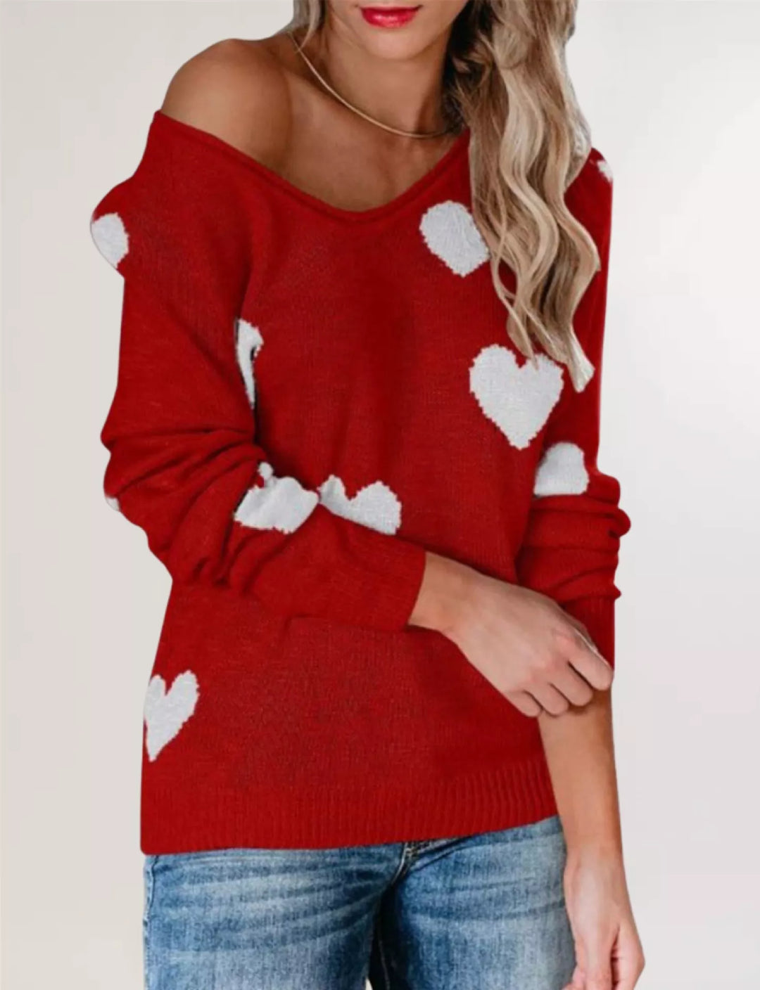Red Heart pattern knit pullover sweater with V-neck