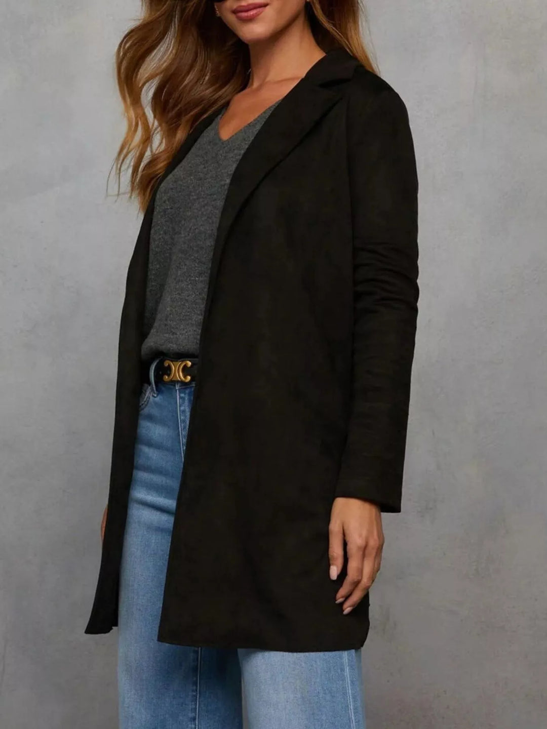 Open-front longline coat with notched lapel collar